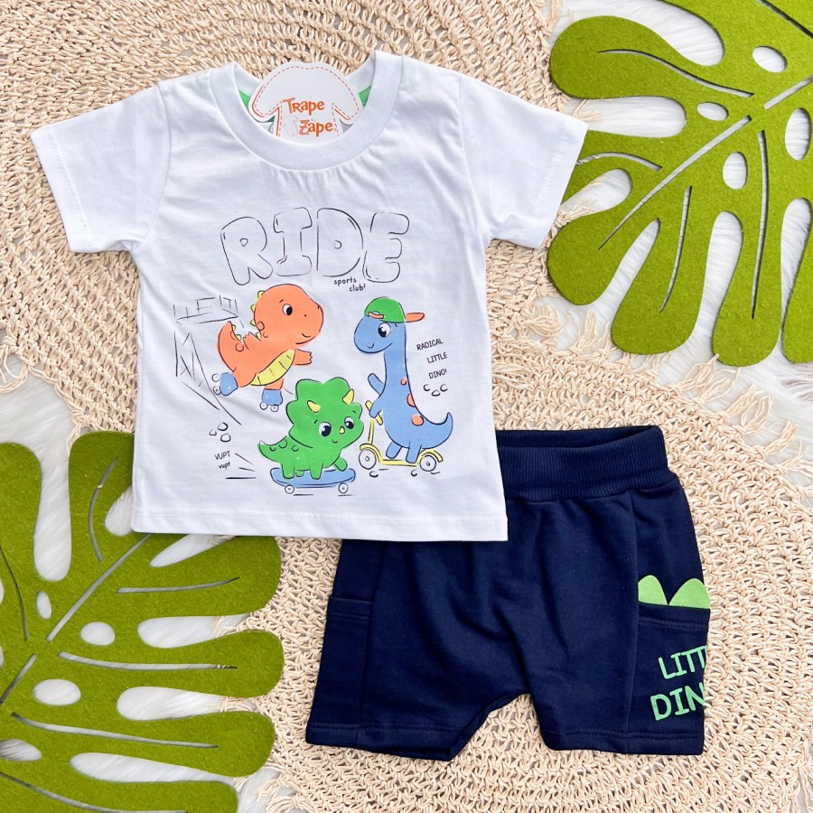 Conj. Camiseta Radical Little Dino e Bermuda - Branco e Azul Marinho